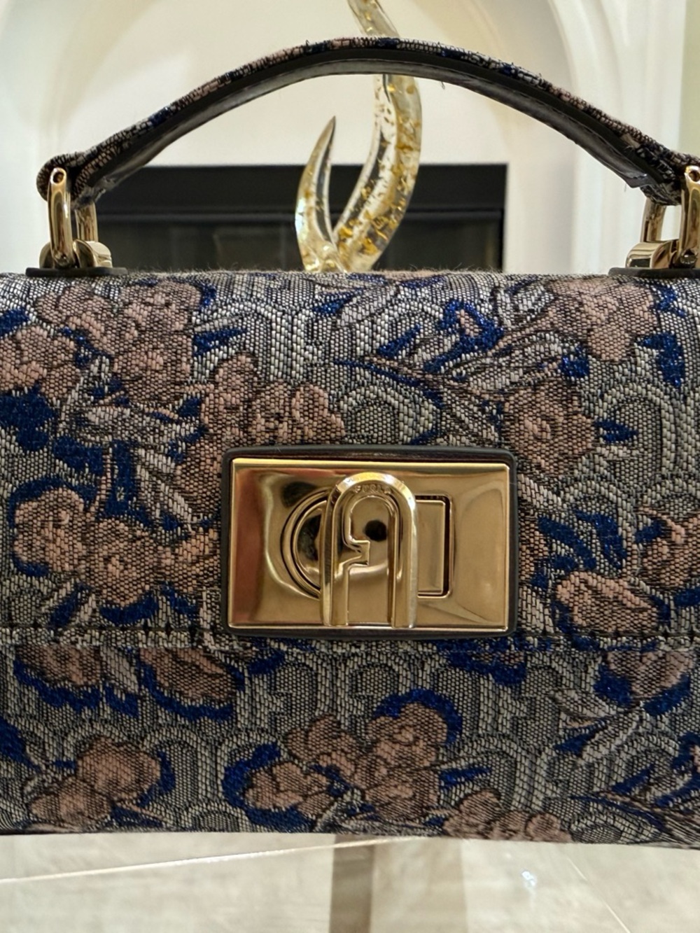 Furla 1927 Mini Bag M in Blue Floral Jacquard with Gold Hardware - Picture 9 of 16